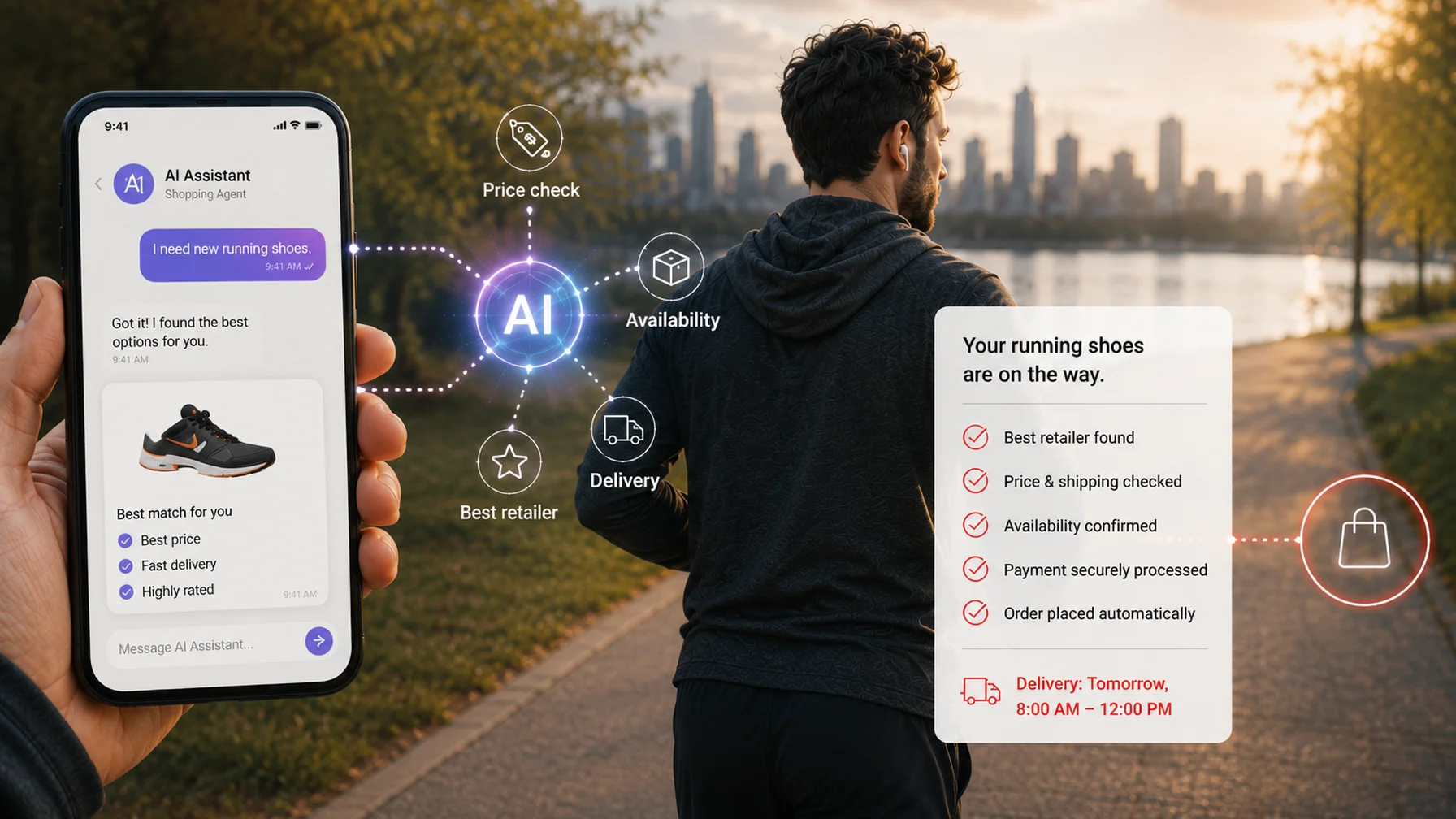 A person jogging with a smartphone displaying an AI assistant finding and ordering running shoes, with delivery details shown.
