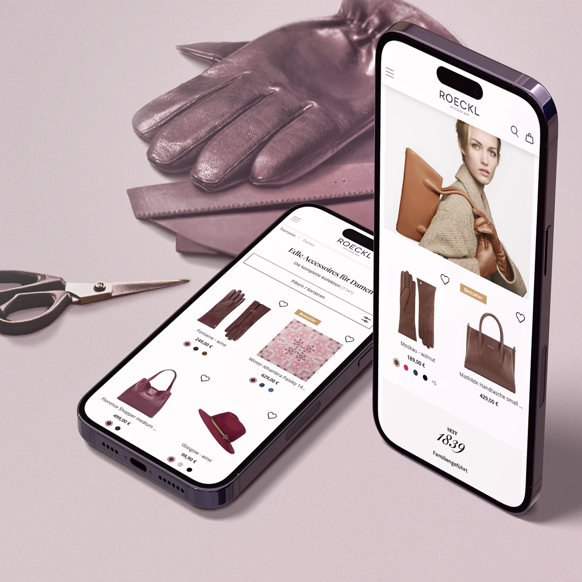 Roeckl e-commerce website preview on two mobile devices showcasing elegant leather gloves and handbags alongside high-quality product photography