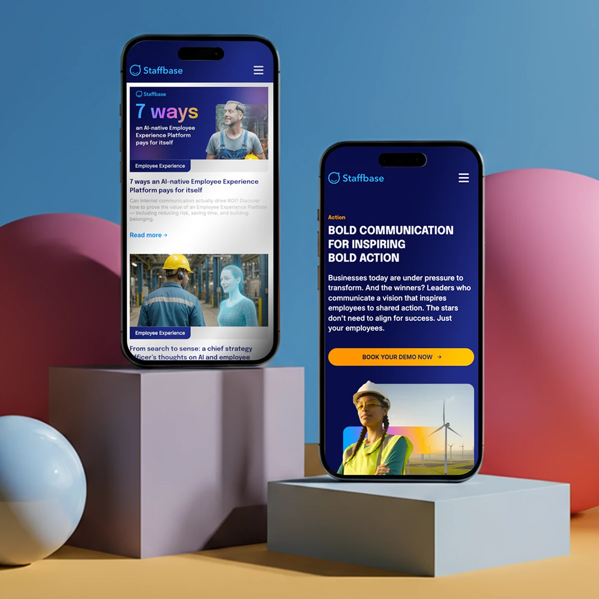 Staffbase e-commerce website preview on two mobile devices showcasing AI-native employee experience platform features and bold communication resources