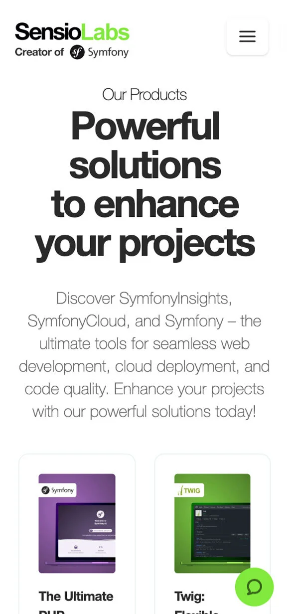 SensioLabs mobile interface showcasing architectural workshops and Symfony project services