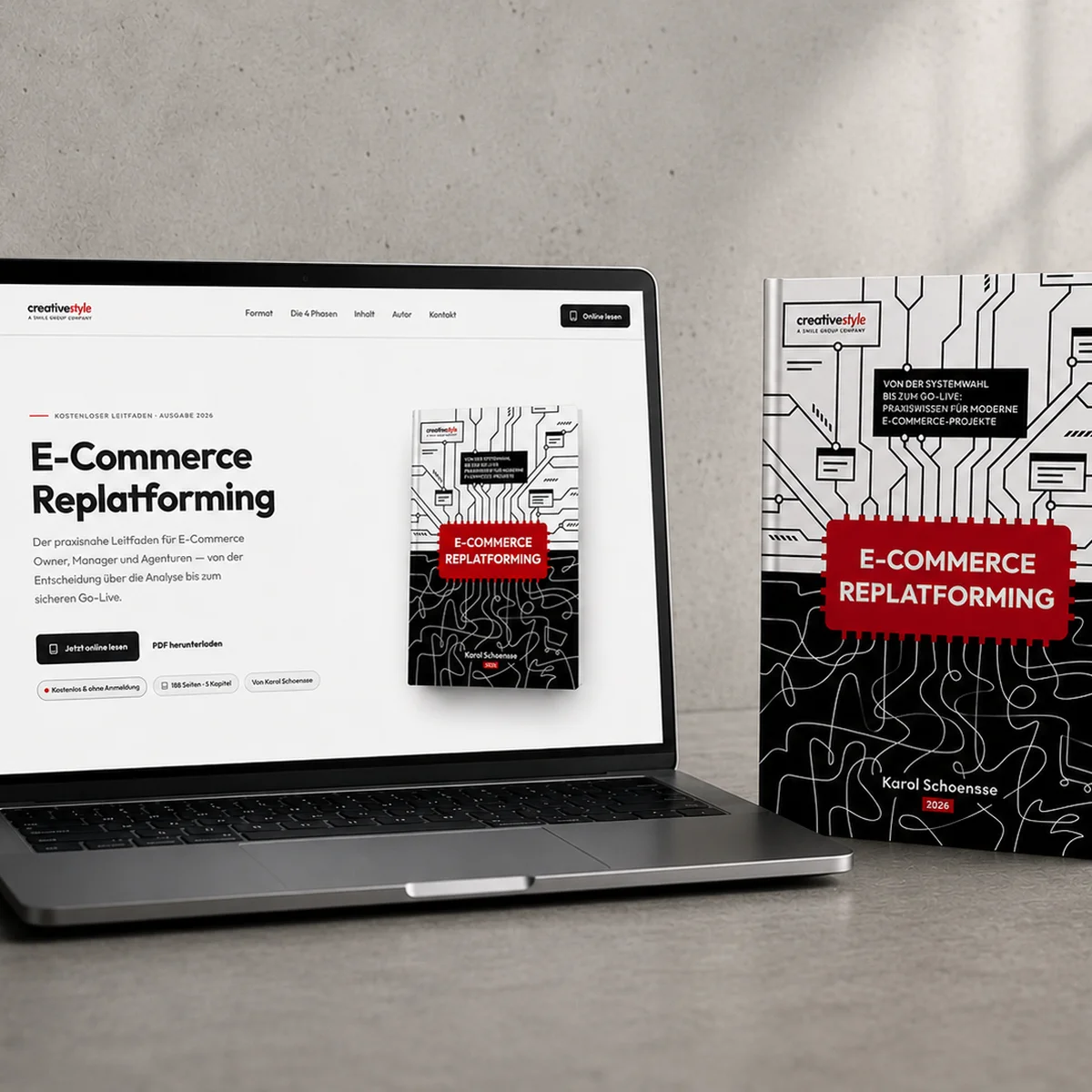 Laptop displaying "E-Commerce Replatforming" guide cover next to a physical copy, with circuit-themed design.