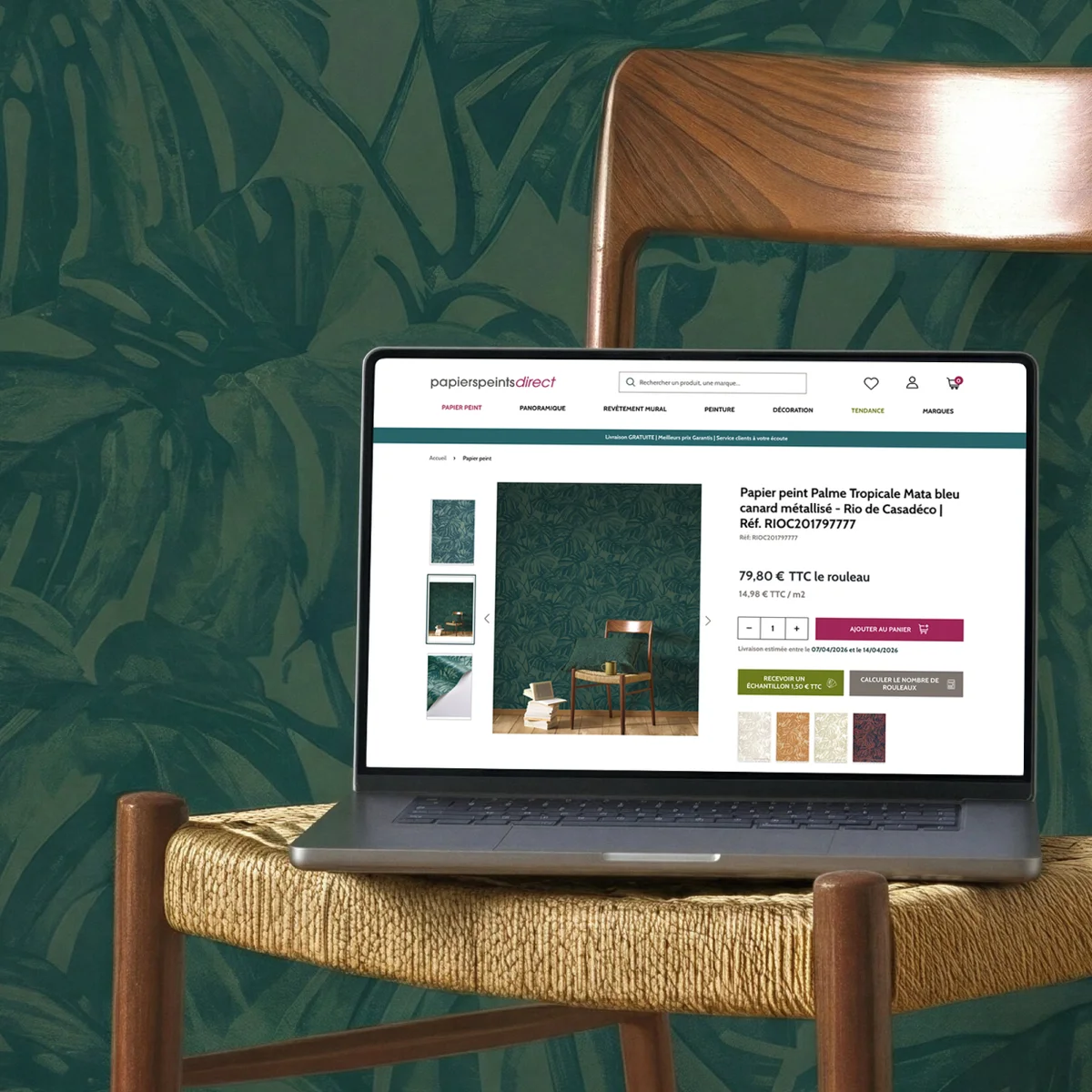 Papierspeintsdirect e-commerce preview on a laptop showing tropical wallpaper and a wooden chair