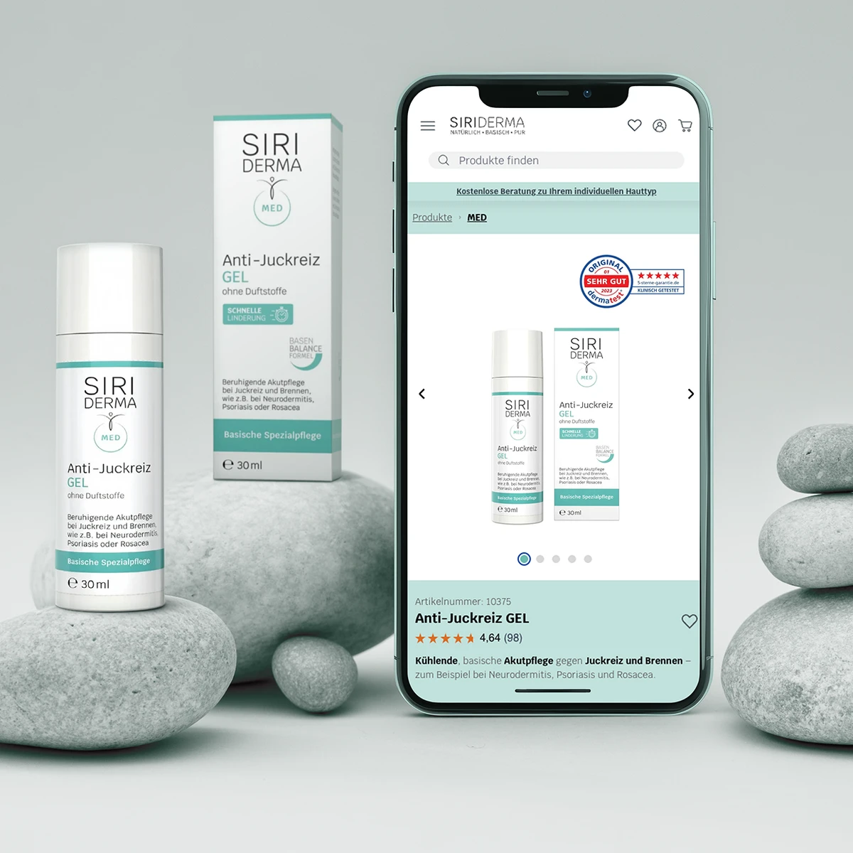 Siriderma e-commerce website preview on smartphone showcasing Anti-Juckreiz GEL product page alongside physical product packaging and soothing stones