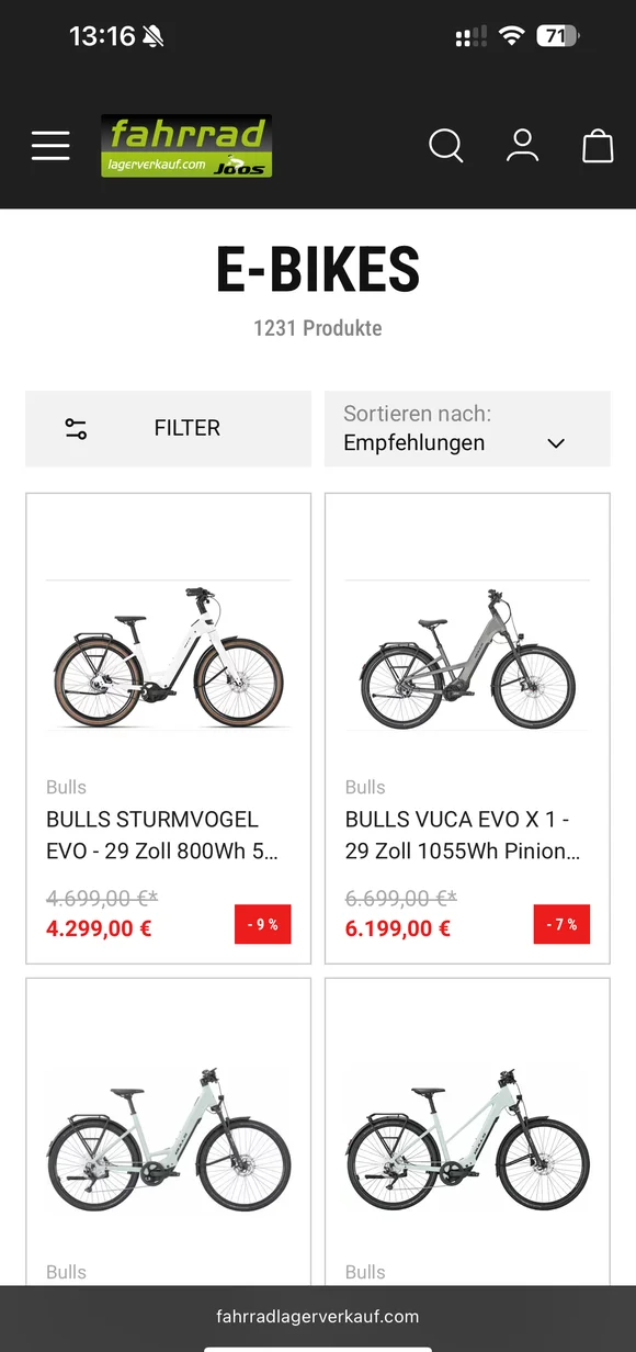 Fahrradlagerverkauf mobile e-commerce interface displaying a variety of Bulls brand e-bikes in a product listing