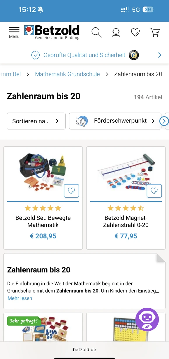 Betzold mobile e-commerce interface displaying a product listing for primary school mathematics educational materials, featuring "Zahlenraum bis 20" sets and magnetic number lines