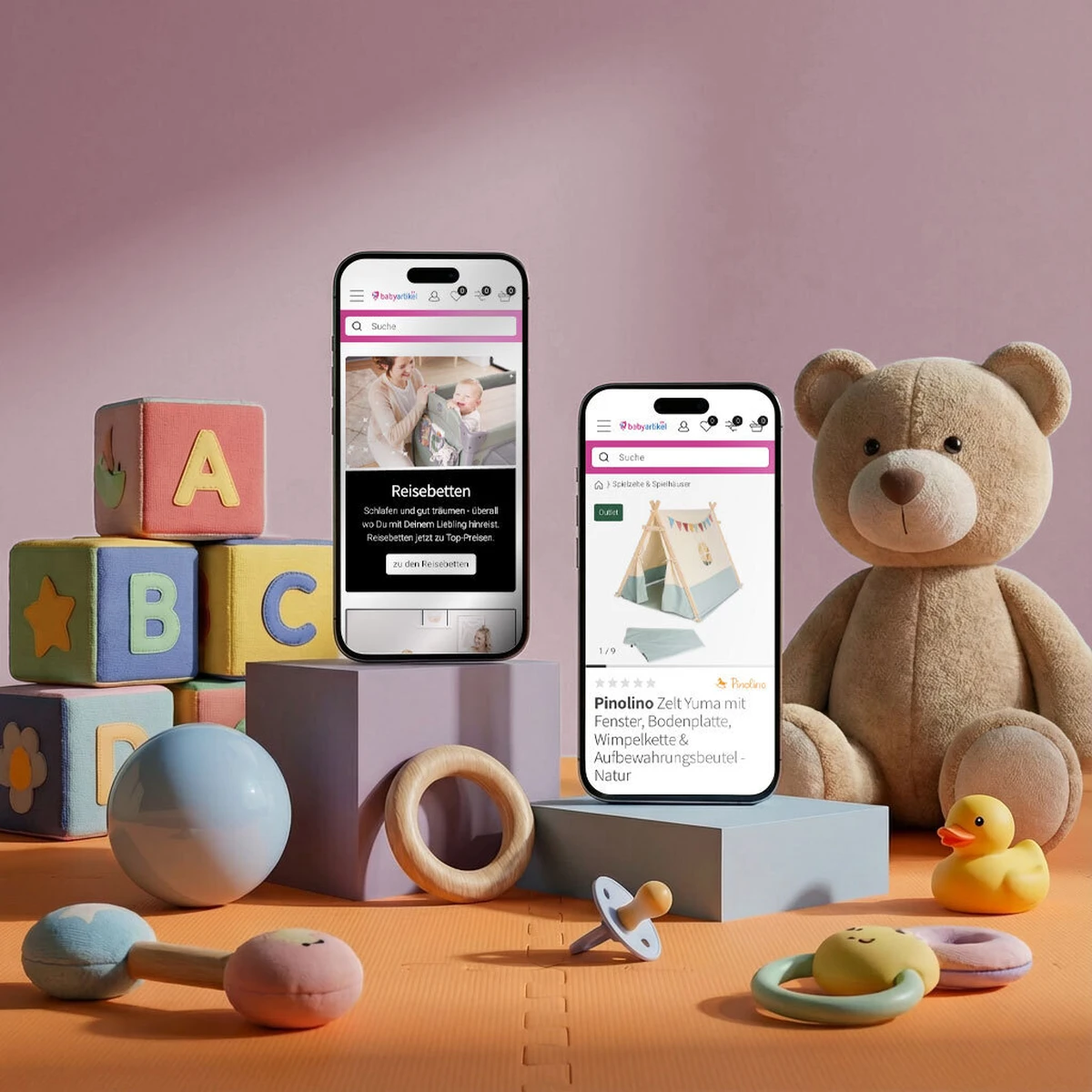 Babyartikel.de e-commerce website preview on two mobile devices showcasing travel beds and the Pinolino Yuma play tent among baby toys and accessories