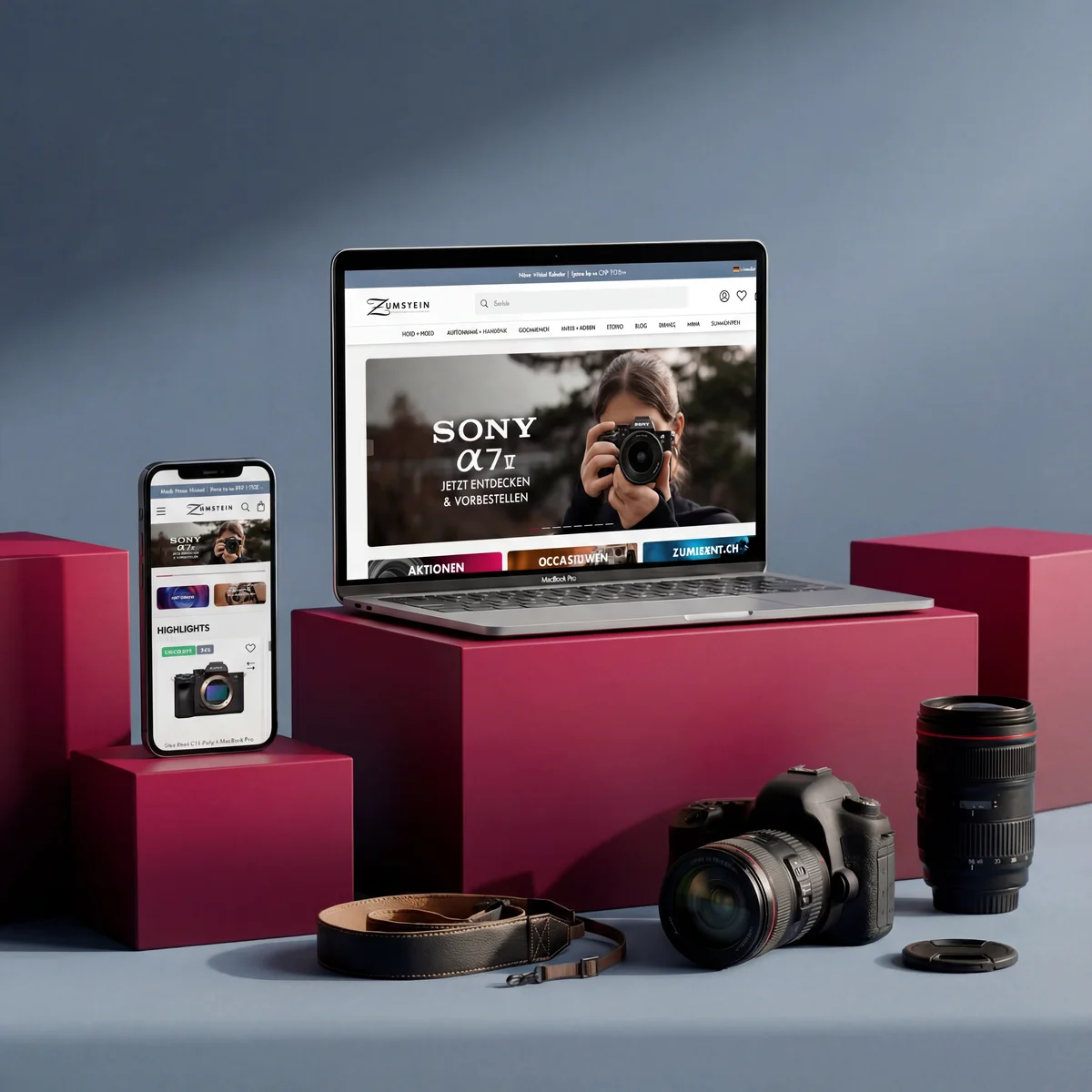 Zumstein e-commerce website preview on a laptop and smartphone showcasing the "SONY α7 IV" camera alongside photography equipment, including a DSLR camera and lens, set against a studio background with magenta pedestals