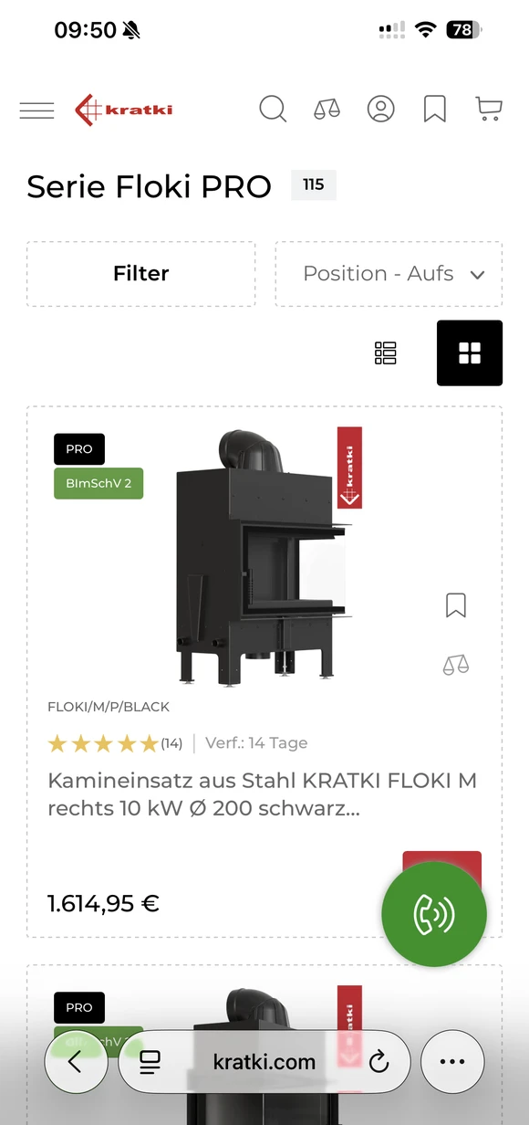 Kratki mobile e-commerce interface displaying Floki PRO series fireplace insert listing