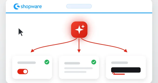 Shopware interface showing a red star icon with arrows pointing to three items, two with green check marks, on a white background.