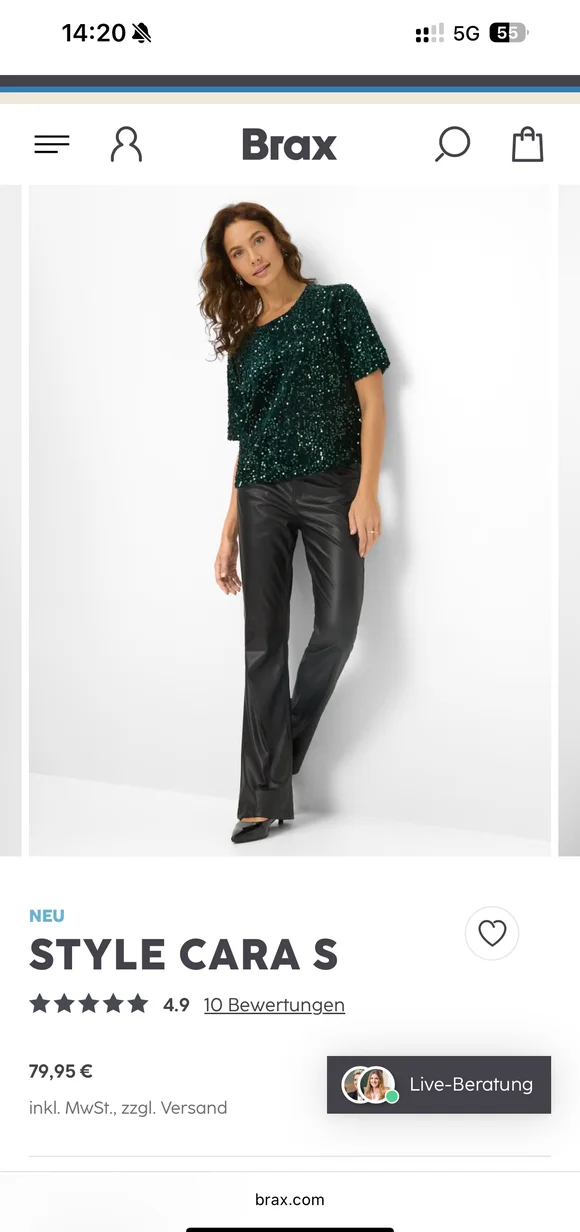 Brax mobile e-commerce interface displaying "STYLE CARA S" product page featuring a sequined top and leather trousers