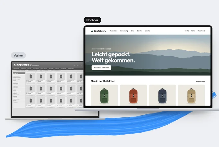 Vorher-nachher-Vergleich: veralteter Onlineshop auf einem kleinen Laptop und neu aufgebauter Outdoor-Shop auf einem großen Laptop