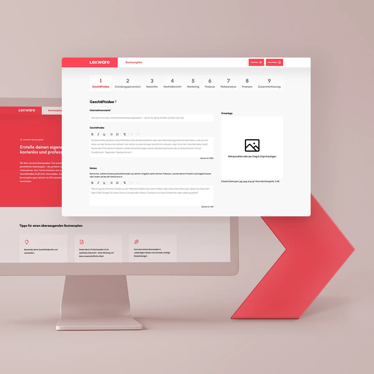 Lexware e-commerce website preview on a desktop monitor showcasing the "Businessplan" creation tool with a step-by-step interface for business ideas and company information
