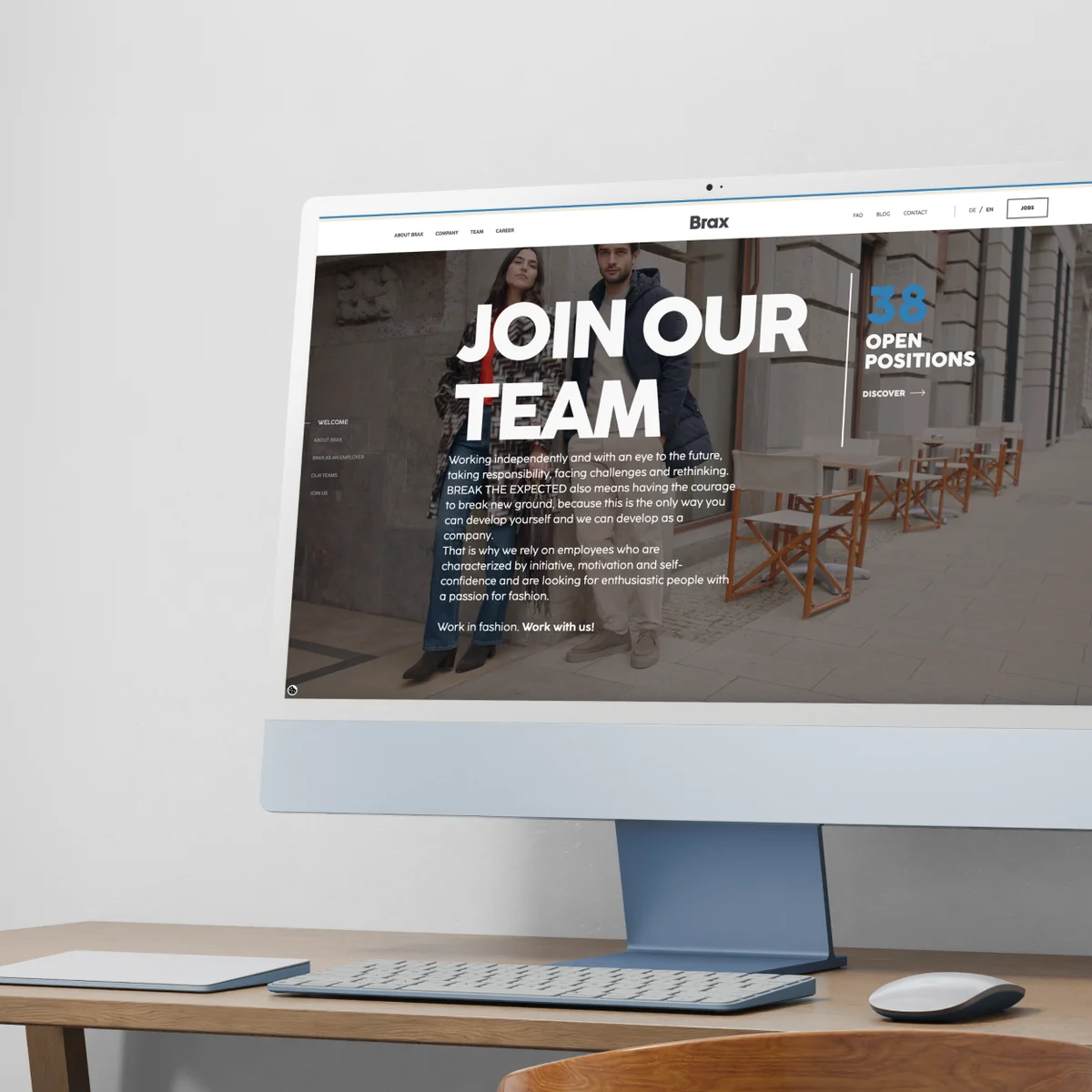 Brax e-commerce website preview on a desktop monitor showcasing the "JOIN OUR TEAM" career page with information on open positions and company culture