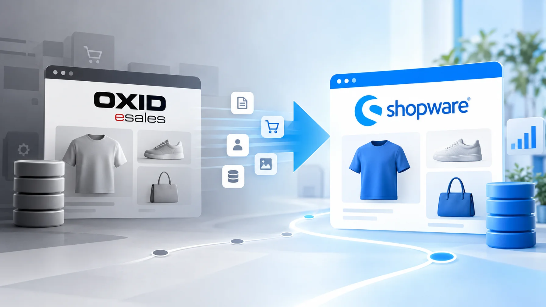 Image depicting data transfer from OXID eSales to Shopware, featuring product images like shirts and shoes, with a digital arrow indicating movement.