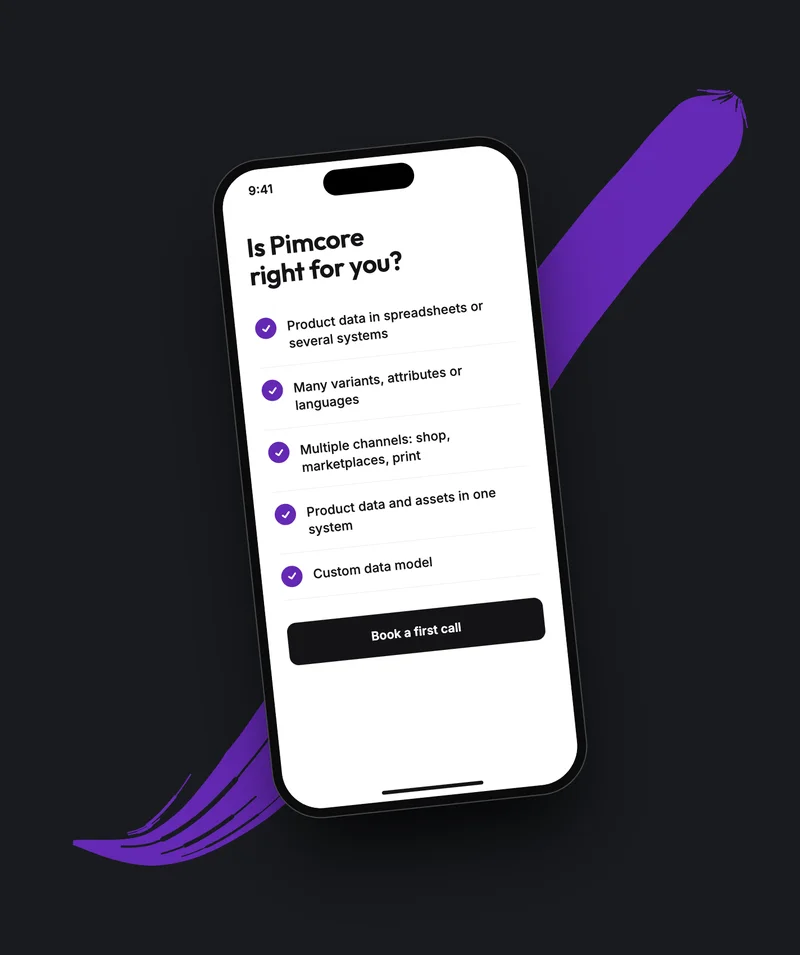 Smartphone showing a “Is Pimcore right for you?” checklist with five criteria met, in front of a purple brushstroke