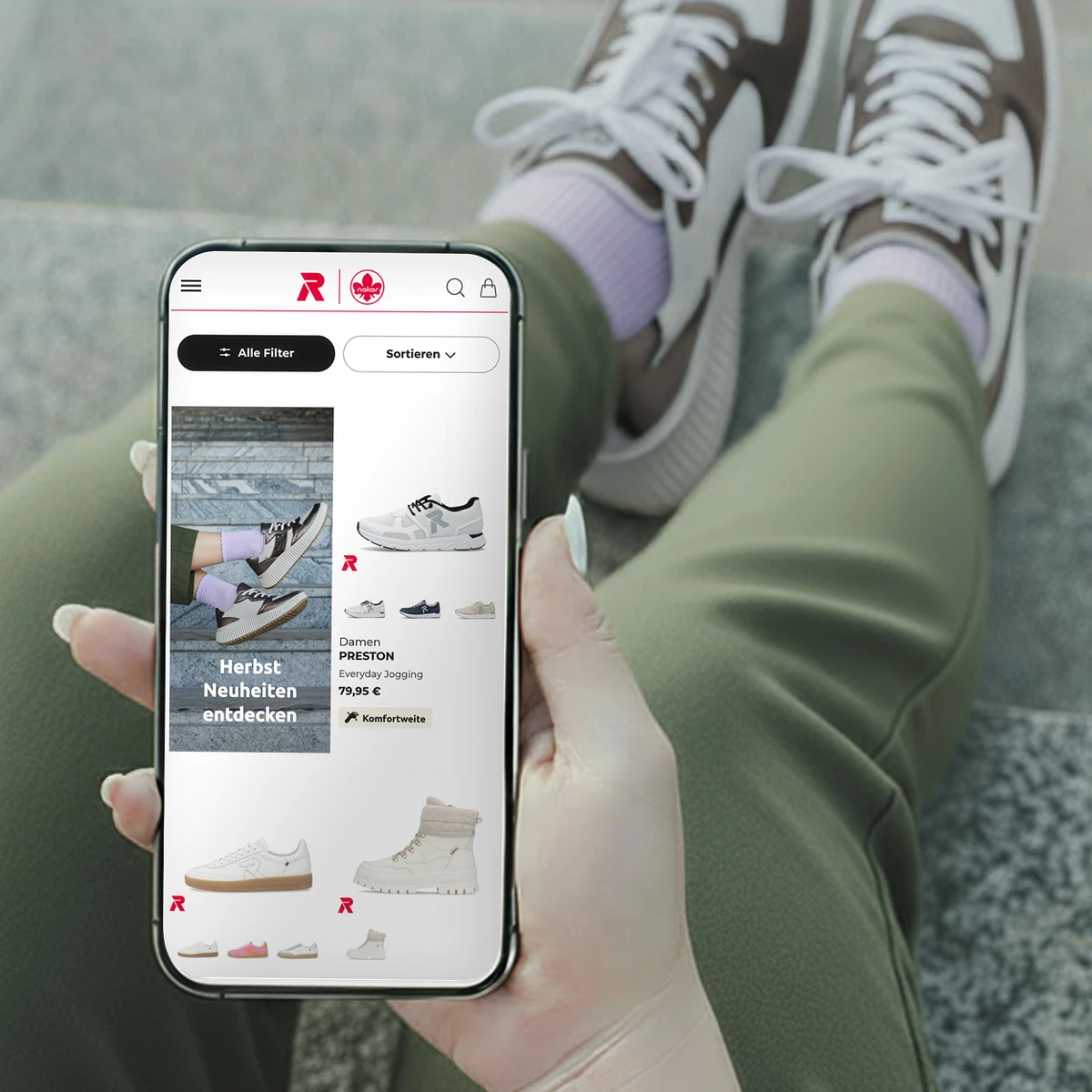 Rieker e-commerce website preview on a smartphone showcasing the "Herbst Neuheiten" (Autumn New Arrivals) collection, featuring the "Damen PRESTON" sneaker alongside lifestyle product photography