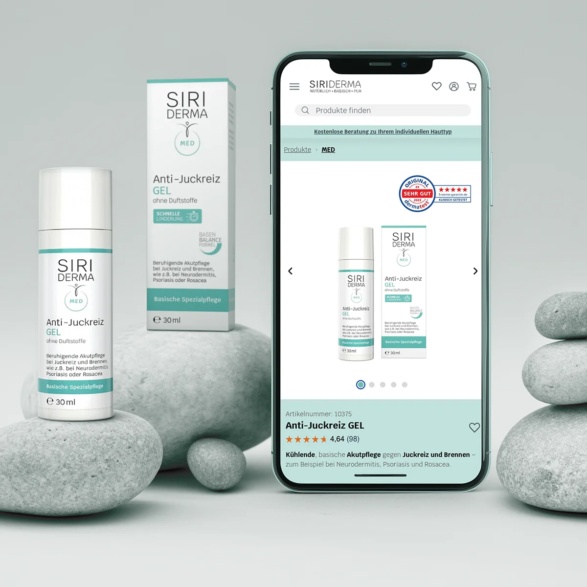 Siriderma e-commerce website preview on smartphone showcasing Anti-Juckreiz GEL product page alongside physical product packaging and soothing stones