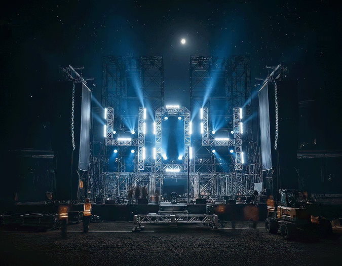 Industrial stage lighting setup at night