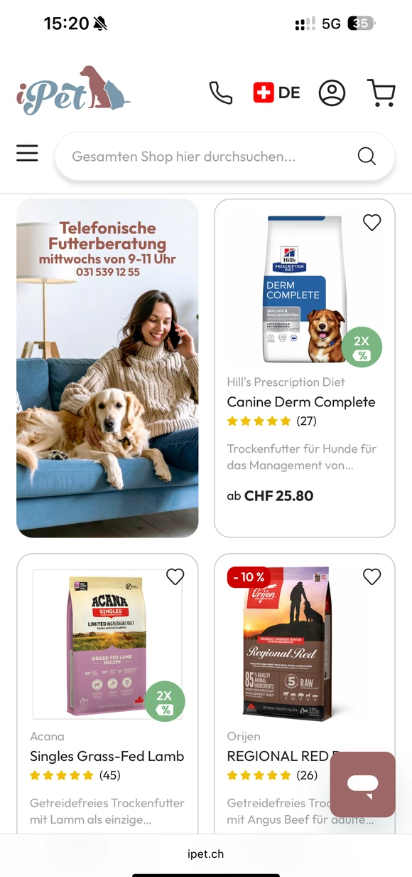 iPet mobile e-commerce interface showcasing a product listing for premium dog food, featuring Hill's Prescription Diet, Acana, and Orijen alongside a promotional banner for telephone nutritional consultation