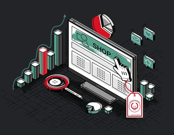 Isometric digital illustration of online system