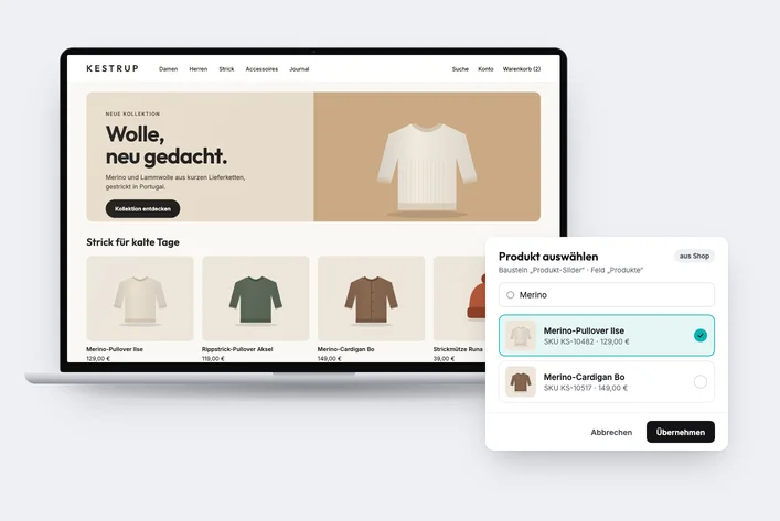 Onlineshop mit redaktioneller Kampagne und Produktkacheln, daneben eine Produktauswahl aus dem Shopsystem im CMS