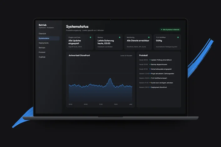 Dunkler Laptop mit Systemstatus eines Onlineshops: Updates, Backup, Monitoring, TLS-Zertifikat und Antwortzeit-Diagramm