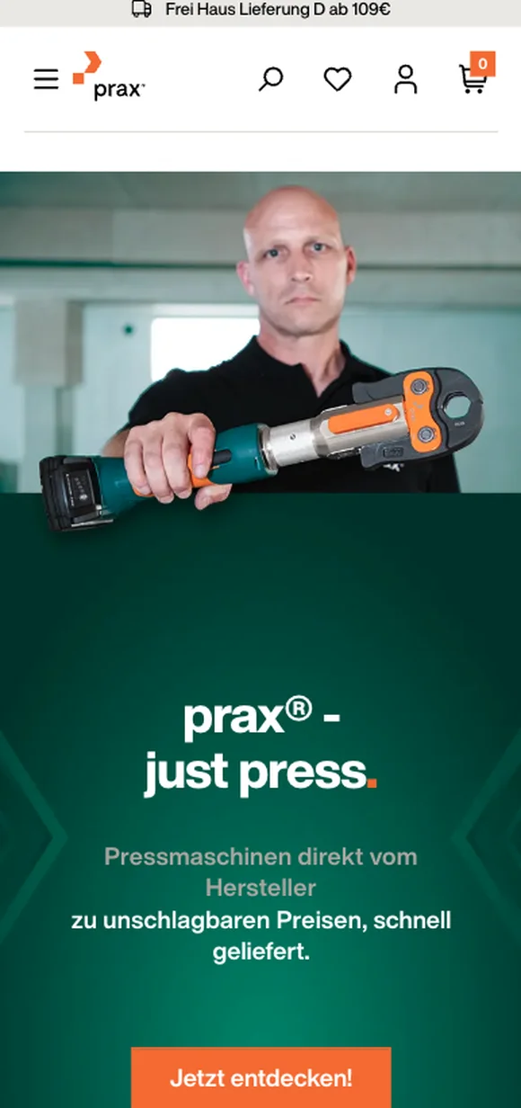 Prax-Tools mobile interface featuring professional power tools and manufacturer-direct offers with a clear call-to-action