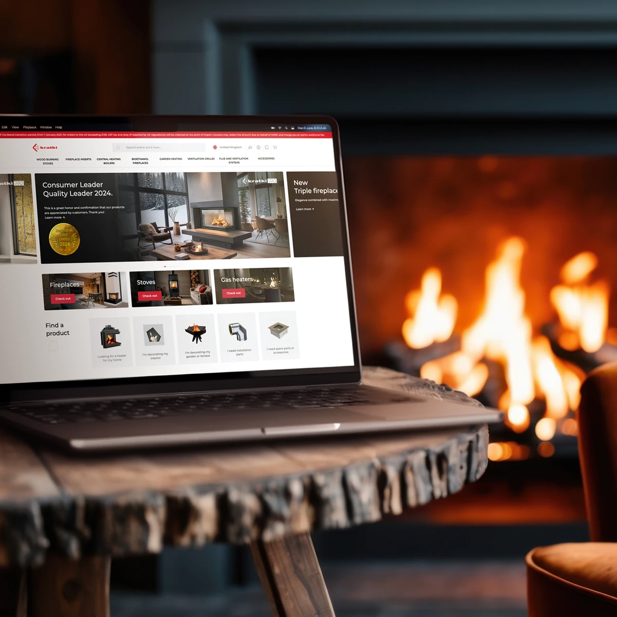 Kratki e-commerce website preview on laptop showcasing premium fireplace and stove collections
