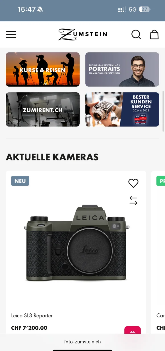 Zumstein mobile e-commerce interface showcasing the "Leica SL3 Reporter" camera alongside promotional tiles for photography courses, rental services, and portrait appointments