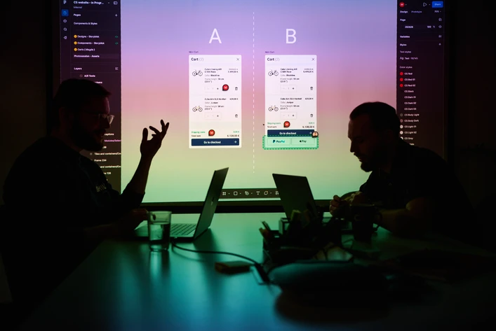 A/B testing session with UX team analyzing interface variations on screen
