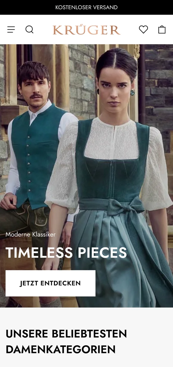 Krüger mobile e-commerce interface showcasing the "Timeless Pieces" collection with traditional alpine fashion for men and women