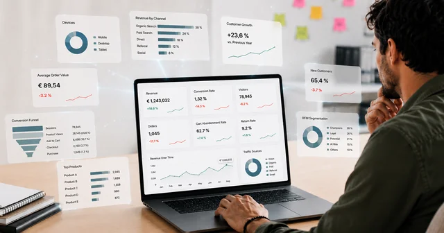 A person reviewing e-commerce metrics across several dashboards on screen
