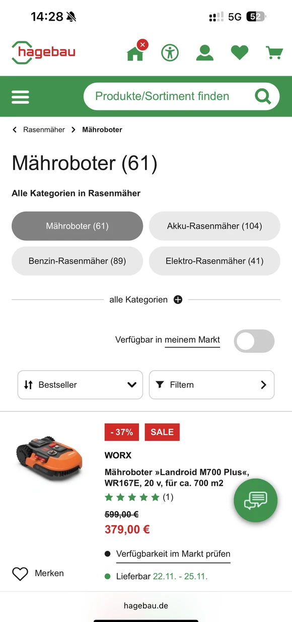 Hagebau mobile e-commerce interface displaying a product listing for a WORX robotic lawnmower alongside various lawnmower categories