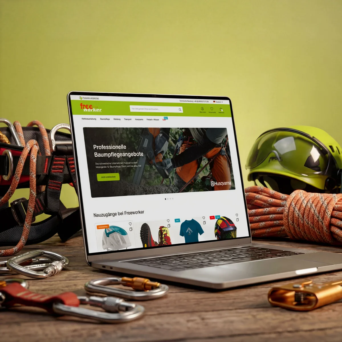 Freeworker e-commerce website preview on laptop showcasing professional arboriculture equipment and new product arrivals surrounded by climbing gear
