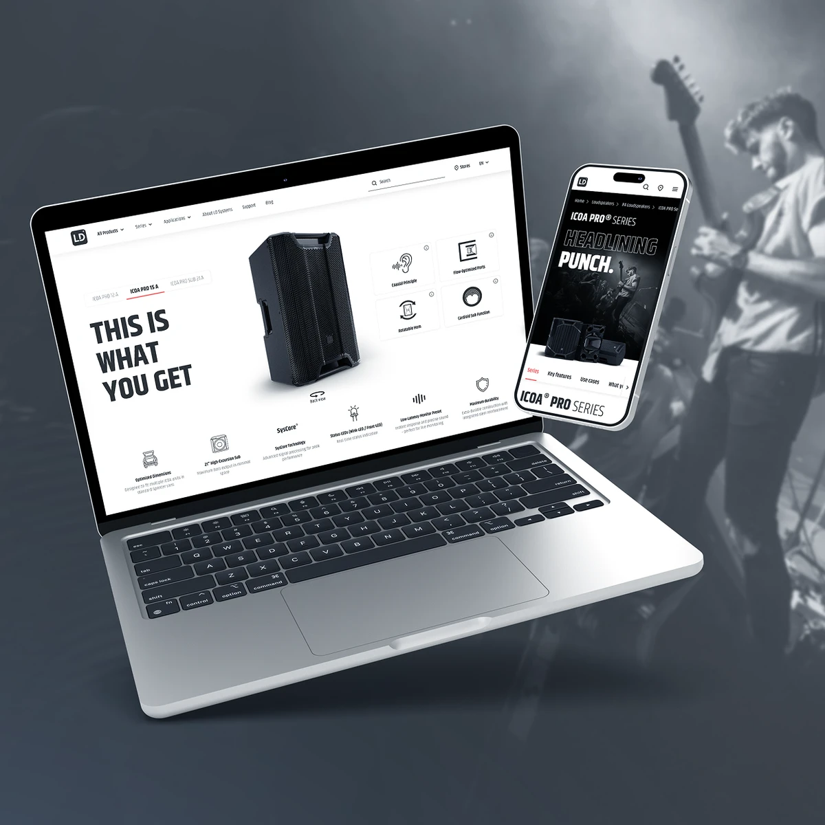 Adam Hall e-commerce website preview on laptop and smartphone showcasing LD Systems ICOA PRO series loudspeakers and professional audio specifications