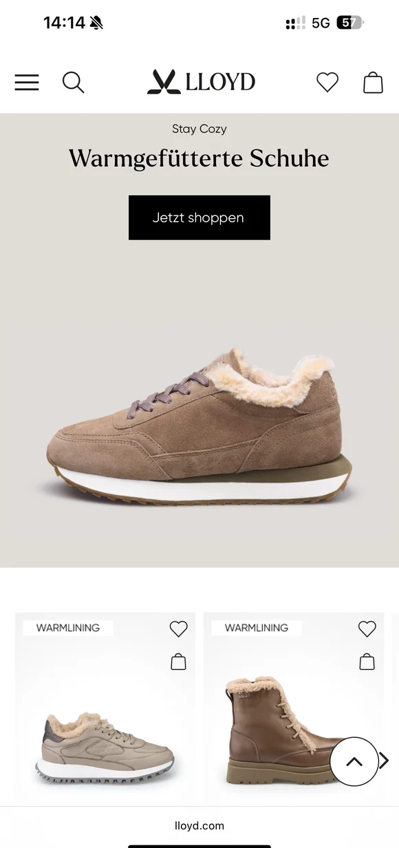 Lloyd mobile e-commerce interface showcasing "Stay Cozy" warm-lined footwear collection