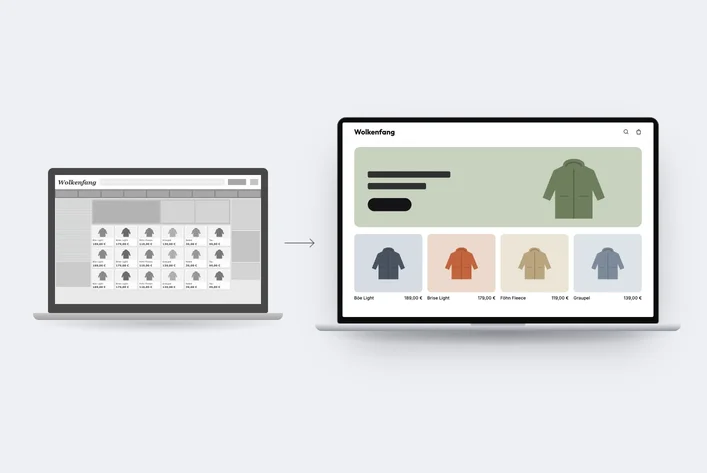 Before-and-after comparison of an outdated online shop and the brand's new, modern shop
