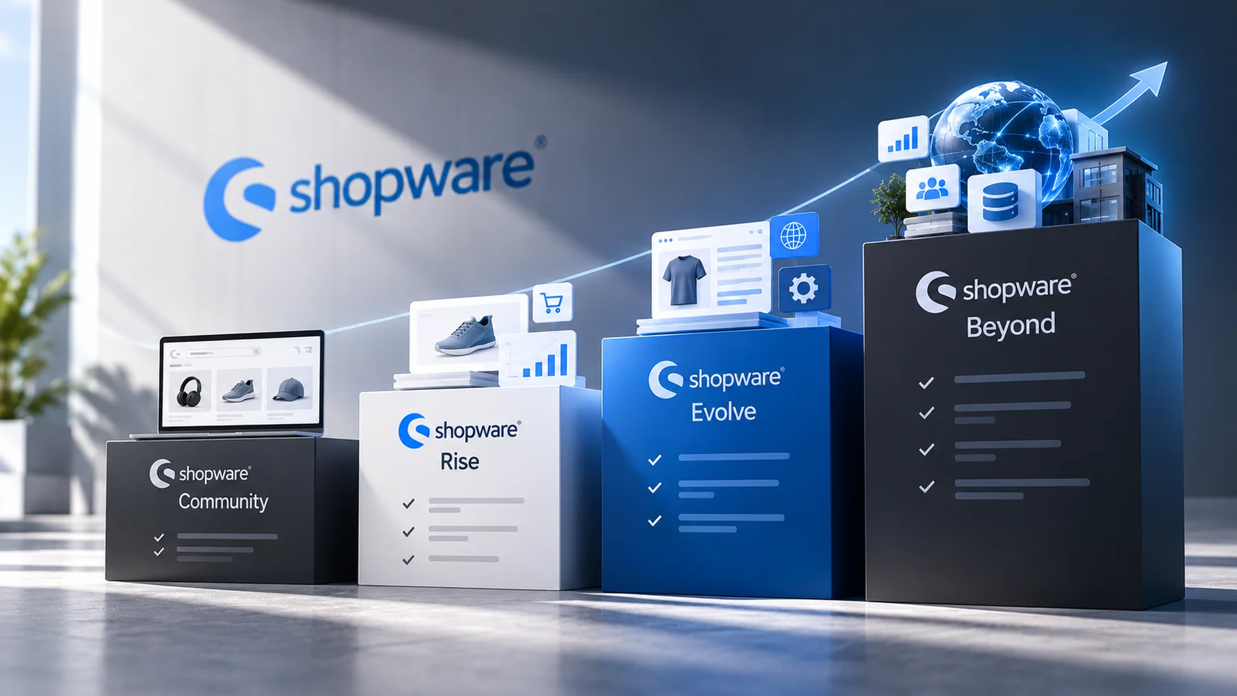 Three pedestal displays with screens and icons, labeled Shopware Community, Rise, Evolve, and Beyond, under the Shopware logo in a bright room.