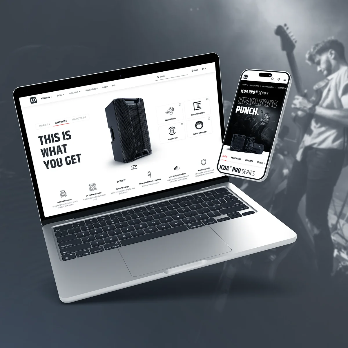 Adam Hall e-commerce website preview on laptop and smartphone showcasing LD Systems ICOA PRO series loudspeakers and professional audio specifications