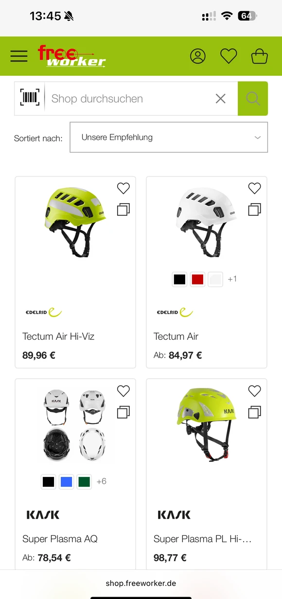 Freeworker mobile e-commerce interface displaying a product listing for Edelrid and KASK safety helmets