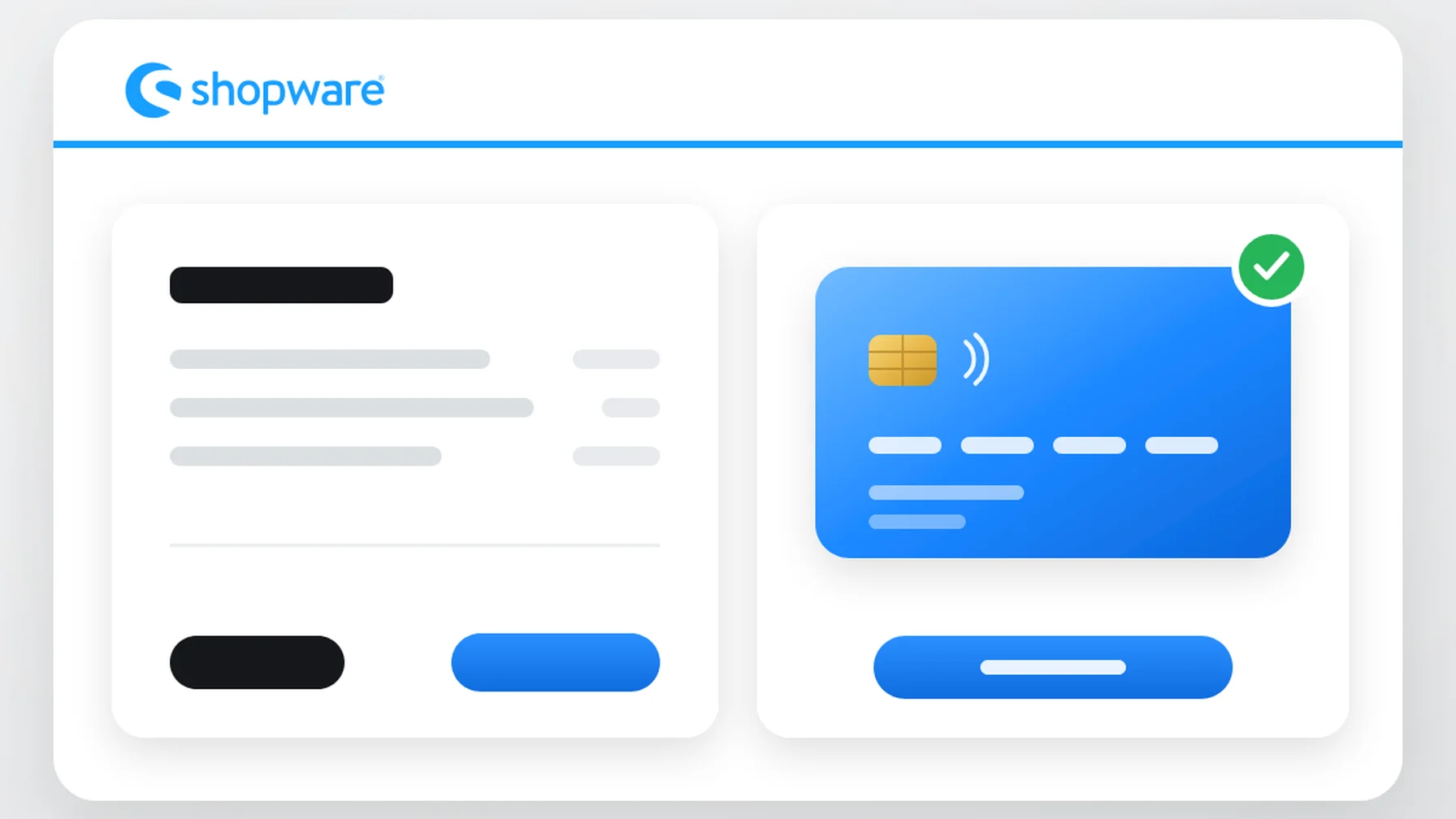 Shopware payment interface showing transaction details on the left and a blue credit card with a checkmark on the right.