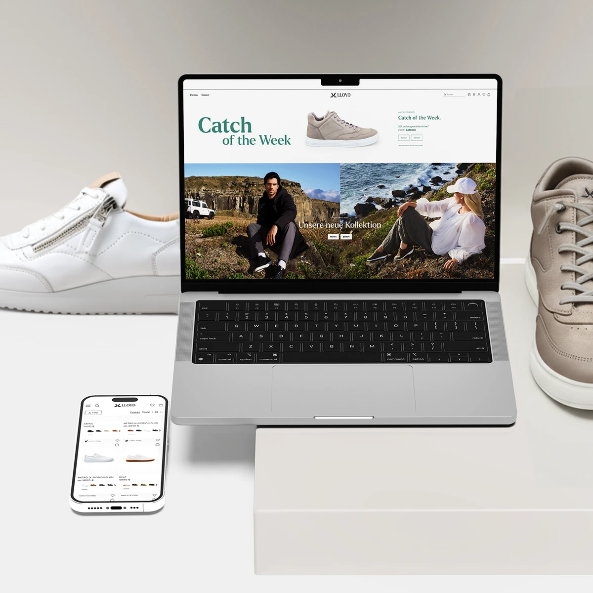 Lloyd e-commerce website preview on laptop and smartphone showcasing "Catch of the Week" and the new footwear collection in a lifestyle setting