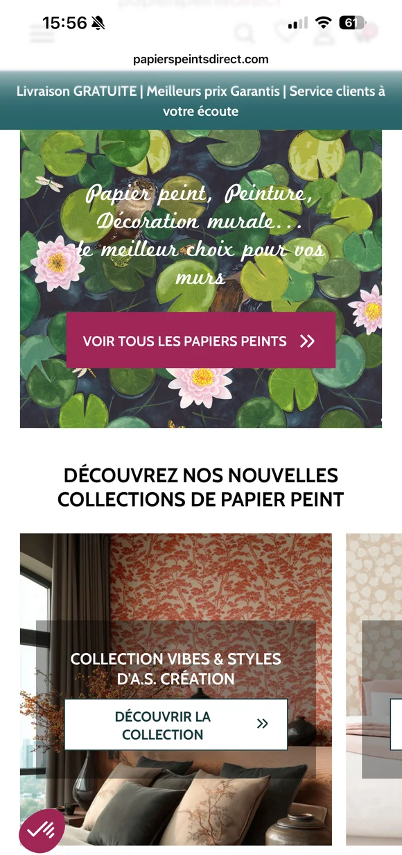 Mobile screenshot of the Papierspeintsdirect homepage featuring floral wallpaper collections