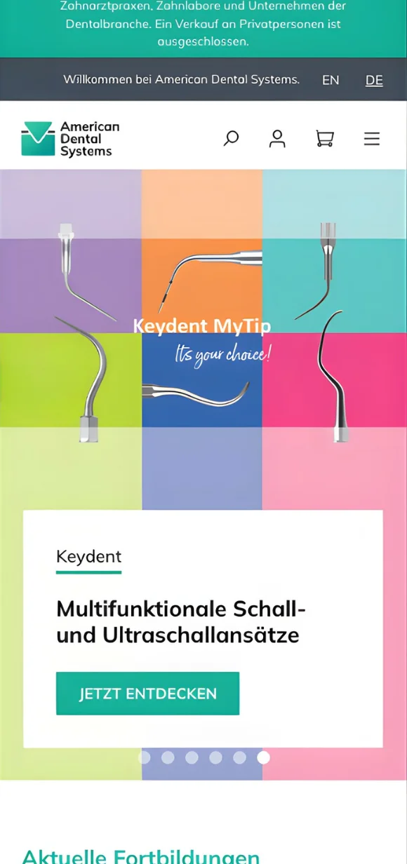 American Dental Systems mobile interface featuring professional dental equipment and specialized tools