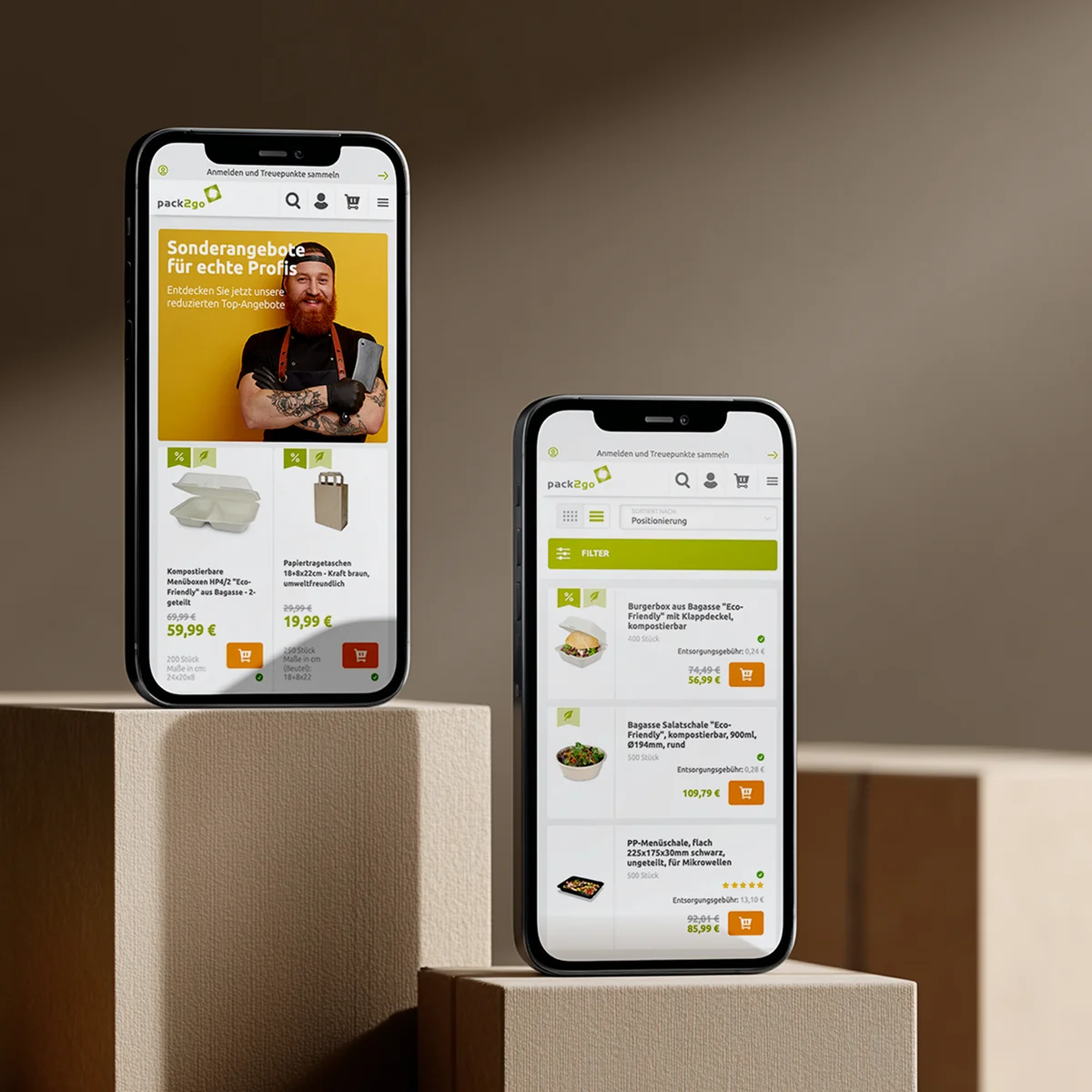 pack2go mobile e-commerce interface preview on two smartphones showcasing special offers for professionals and a product listing for eco-friendly packaging, including burger boxes and salad bowls, set against a background of cardboard boxes