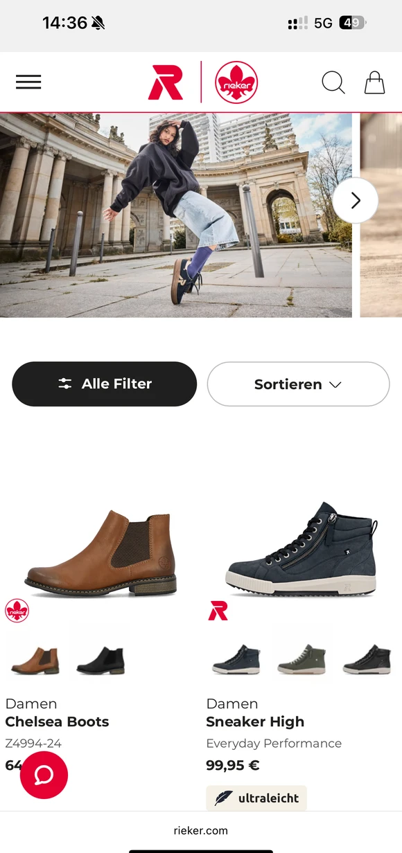 Rieker mobile e-commerce interface displaying a product listing for women's Chelsea Boots and Sneaker High footwear