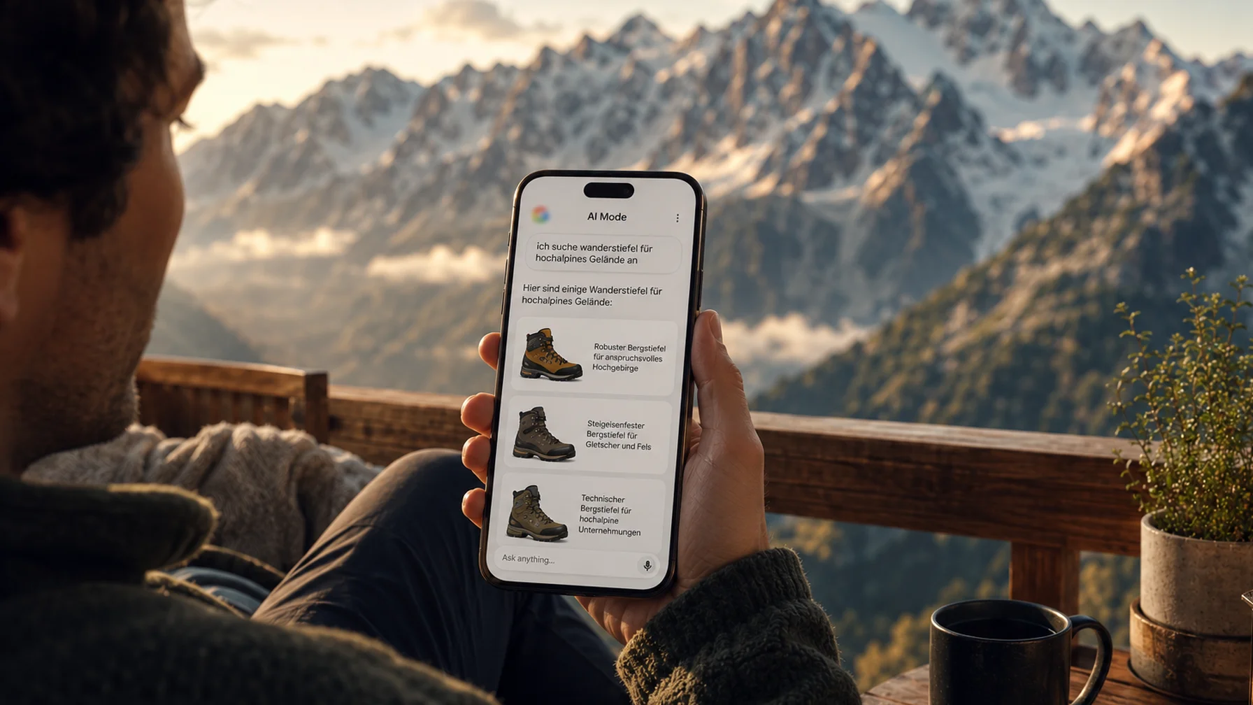 Person holding a smartphone displaying hiking boot options against a backdrop of snow-capped mountains, with a mug and plant on a wooden table.