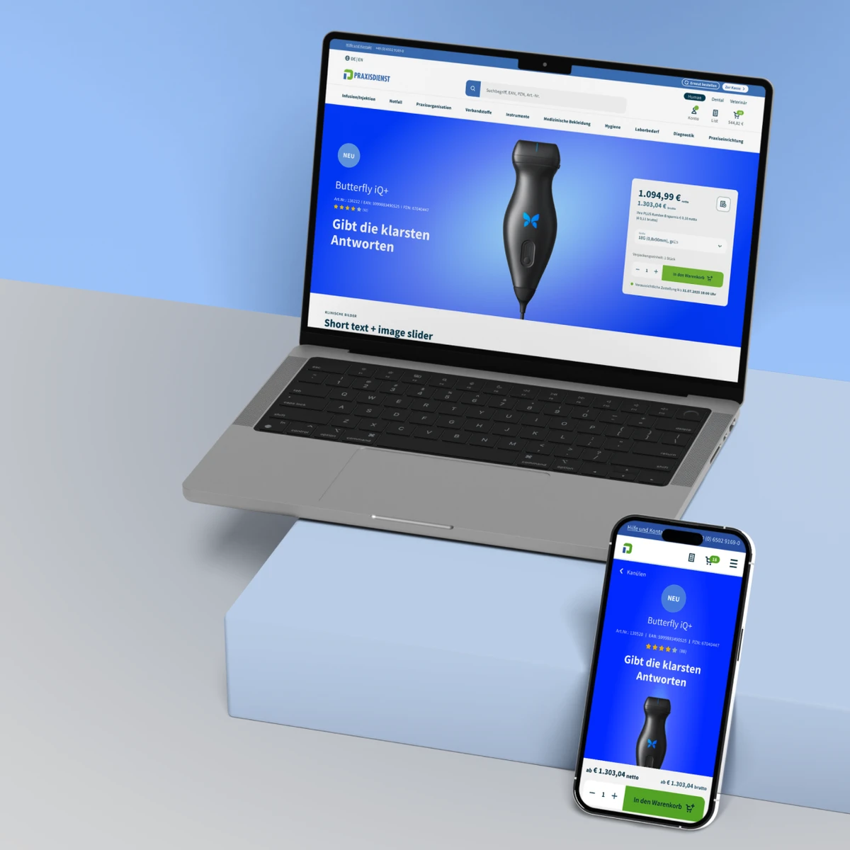Praxisdienst e-commerce website preview on laptop and smartphone showcasing Butterfly iQ+ medical imaging device and online shop interface