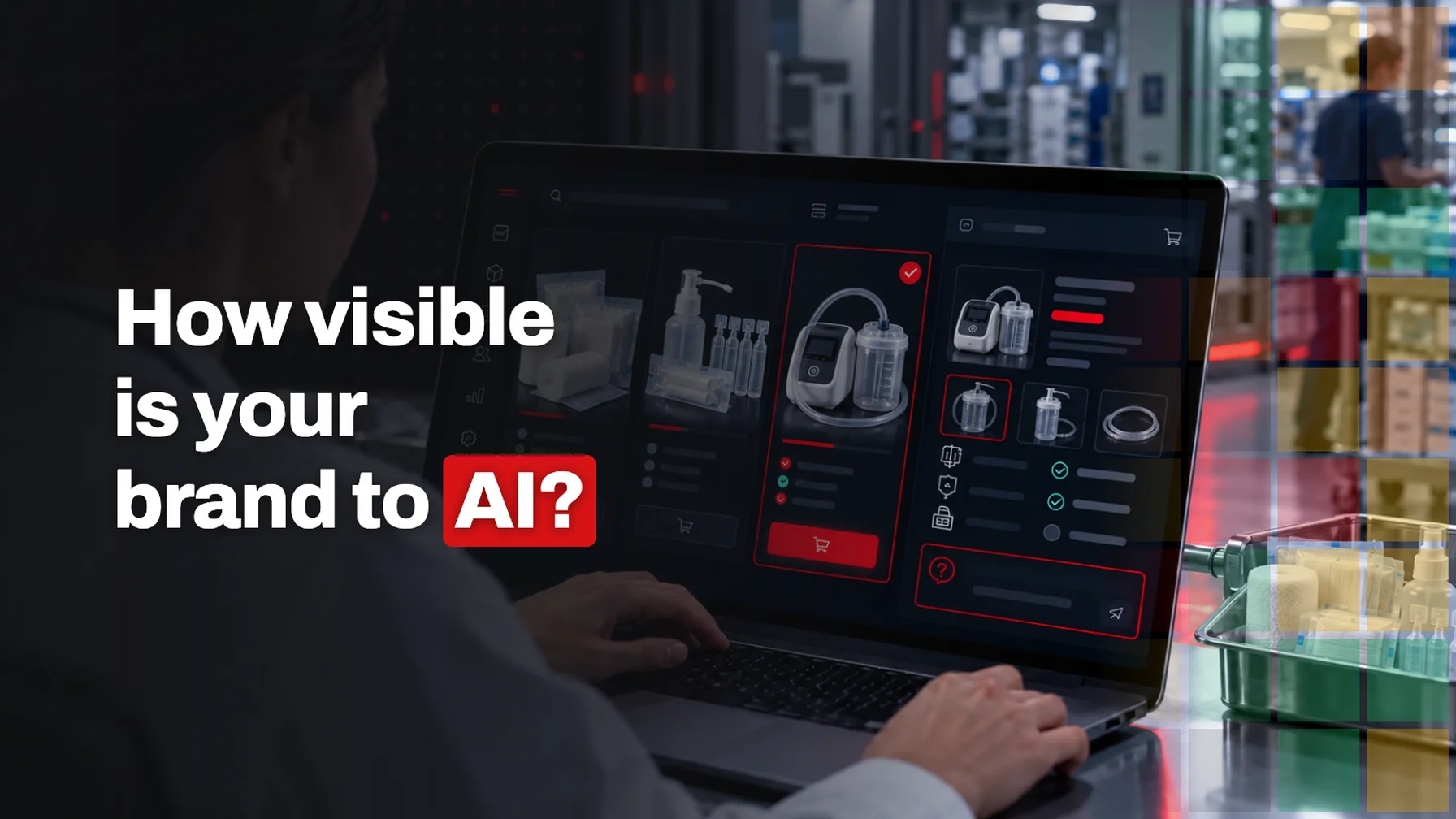 A fragmented shortlist of healthcare suppliers surrounded by AI-generated response bubbles, with several providers left out