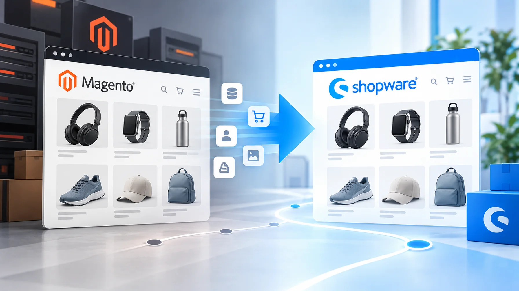 Two digital storefronts for Magento and Shopware with product listings. An arrow indicates data transfer between them, symbolizing e-commerce migration.